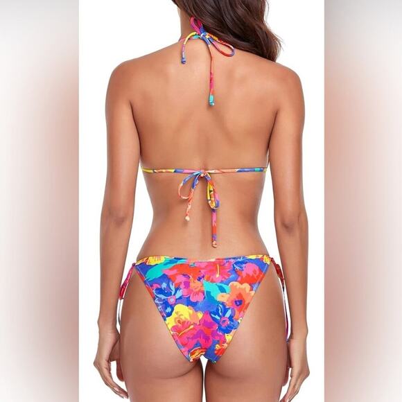 Floral Two Piece Triangle Bikini Set With Gold Details | Colorful Size Large - Picture 5 of 9